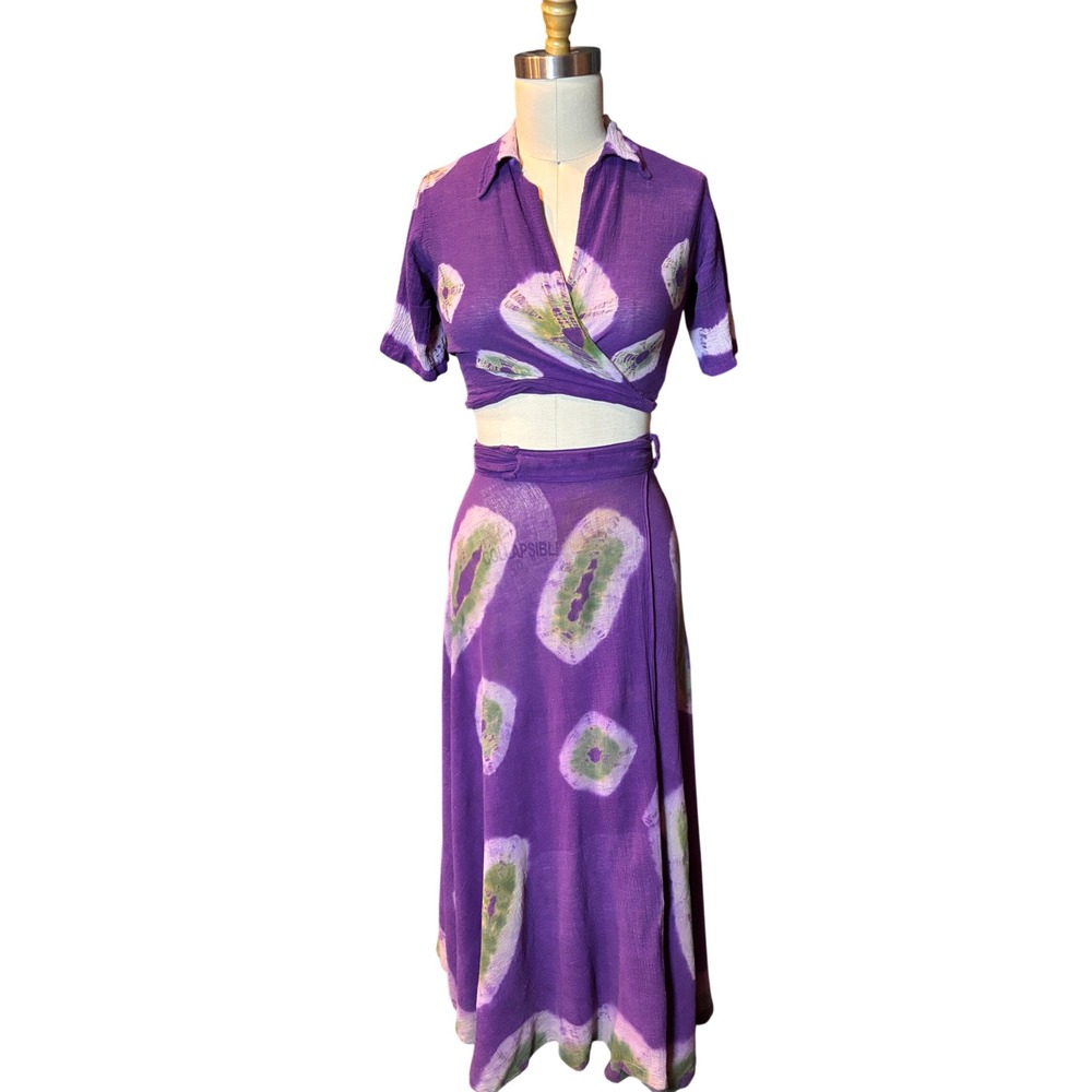 Boho Tie Dye Handmade 2 Piece Wrap Skirt and Wrap Top Small Purple Vintage